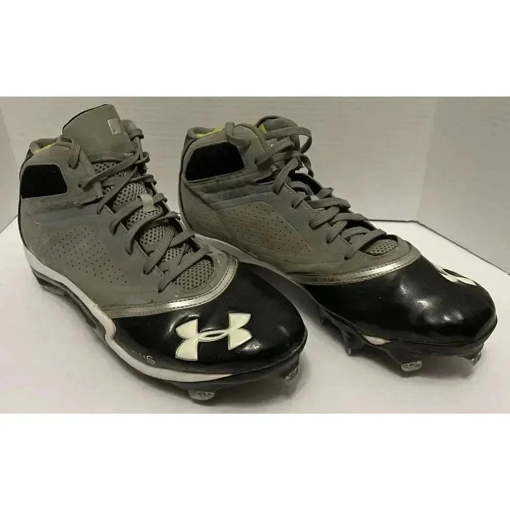 UA Under Armor Metal Baseball Cleats Size 13 ￼Black White Gray‎ Camo  Neon Green